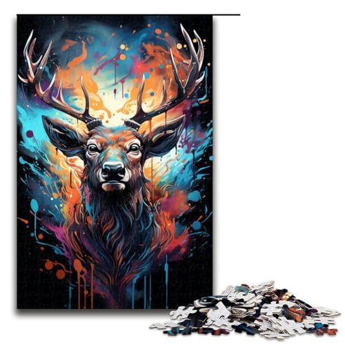 1000 teiliges Puzzle Farbmalerei Hirsch für Erwachsene Holzpuzzle Familienspiele 75 x 50 cm von QSYFNBZL