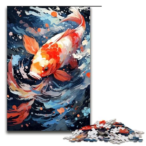 1000 teiliges Puzzle Koi Fisch ist von Spritzern umgeben im Stil Puzzles für Erwachsene Holzpuzzle Lernspiel 75 x 50 cm von QSYFNBZL