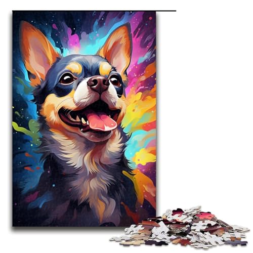 1000 teiliges Puzzle Lernspiele Bunte Zeichnung eines Chihuahua Hundes Puzzles für Erwachsene Holzpuzzle für den Familienspaß Spieleabend 75 x 50 cm von QSYFNBZL