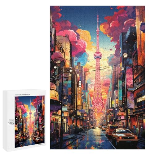 1000 teiliges Puzzle farbenfrohe Psychedelia des Osaka Turms Straßenszene Holzpuzzle Lernspiele Heimdekoration 75 x 50 cm von QSYFNBZL