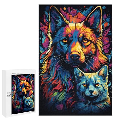 1000 teiliges Puzzle farbenfrohe psychedelische Katzen und Hundefreunde Puzzle für Erwachsene Holzpuzzle Lernspiel 75 x 50 cm von QSYFNBZL