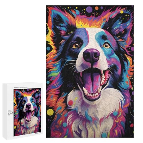 1000 teiliges Puzzle farbenfrohes psychedelisches Border Collie Puzzle für Erwachsene Holzpuzzle Lernspiel 75 x 50 cm von QSYFNBZL