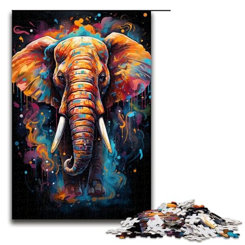 1000 teiliges Puzzle farbenfrohes psychedelisches Gemälde Elefant für Erwachsene Holzpuzzle Familienspiele 75 x 50 cm von QSYFNBZL