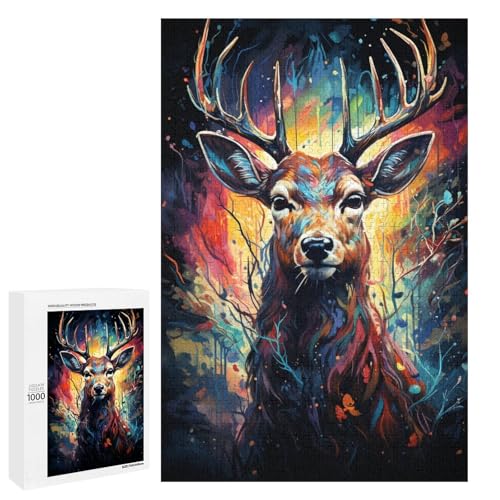 1000 teiliges Puzzle farbenfrohes psychedelisches Hirsch Tier Puzzle für Erwachsene Holzpuzzle Lernspiel 75 x 50 cm von QSYFNBZL