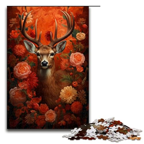 1000 teiliges Puzzle für Erwachsene Blumenmalerei mit Hirsch Puzzle für Kinder Holzpuzzle Lernspiel für Erwachsene 1000 Teile von QSYFNBZL