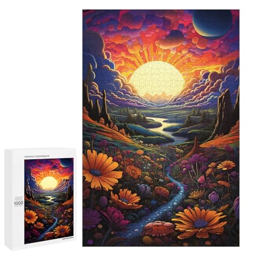 1000 teiliges Puzzle für Erwachsene buntes psychedelisches Feld in den Sonnenuntergangsbergen Puzzle für Kinder Holzpuzzle Lernspiel für Erwachsene 75 x 50 cm von QSYFNBZL