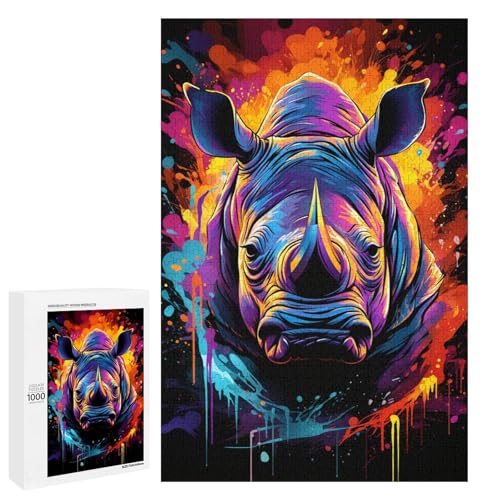 1000 teiliges Puzzle für Erwachsene farbenfrohe Psychedelia mit Neon Nashorn Puzzle für Erwachsene Holzpuzzle anspruchsvolles Spiel 75 x 50 cm von QSYFNBZL