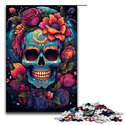 1000 teiliges Puzzle für Erwachsene farbenfroher Psychedelischer Totenkopf und Rosen dekomprimierendes intellektuelles Lernspielzeug Geschenkideen 75 x 50 cm von QSYFNBZL