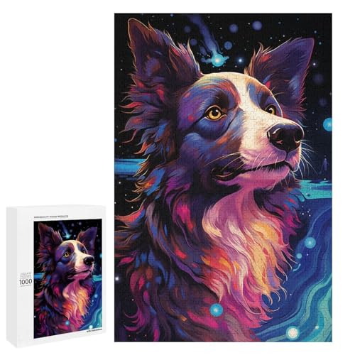 1000 teiliges Puzzle für Erwachsene farbenfrohes psychedelisches Border Collie Spiel ganze Familie 75 x 50 cm von QSYFNBZL