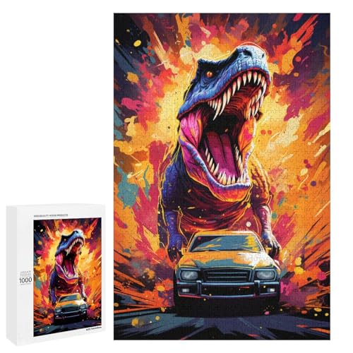 1000 teiliges Puzzle für Erwachsene farbenfrohes psychedelisches Dinosaurier Auto Spiel ganze Familie 75 x 50 cm von QSYFNBZL