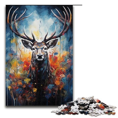 1000 teiliges Puzzle für Erwachsene farbenfrohes psychedelisches Gemälde mit Hirschen perfekte Dekoration für Teenager ab 14 Jahren 75 x 50 cm von QSYFNBZL