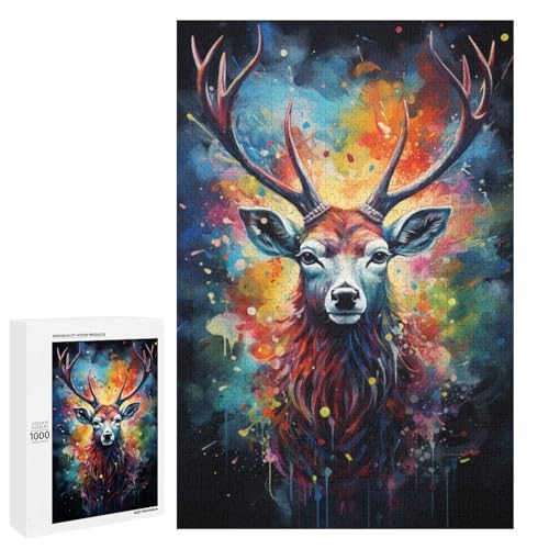1000 teiliges Puzzle für Erwachsene farbenfrohes psychedelisches Hirsch Tierpuzzle Geburtstagsgeschenk für Teenager ab 14 Jahren 75 x 50 cm von QSYFNBZL