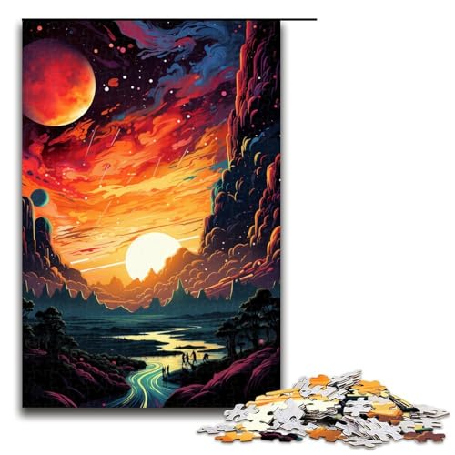 1000 teiliges Puzzle für Erwachsene farbenfrohes psychedelisches Sonnenuntergangs Planeten Puzzlespiel perfekte Dekoration für Teenager ab 14 Jahren 75 x 50 cm von QSYFNBZL