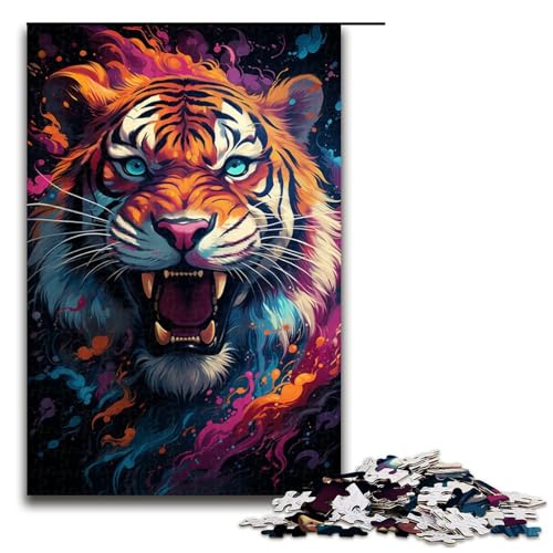 1000 teiliges Puzzle für Erwachsene wildes Gemälde Feuertiger Puzzle für Erwachsene Holzpuzzle anspruchsvolles Spiel 75 x 50 cm von QSYFNBZL