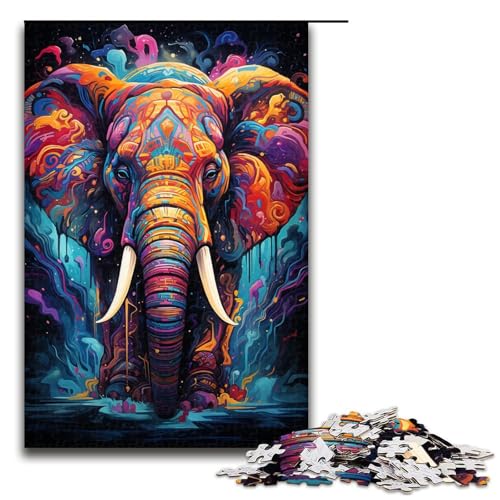 Puzzle 1000 Teile Bunte Psychedelia der Elefanten Puzzle für Erwachsene aus Holz Lernspiel Herausforderungsspielzeug 75x50cm von QSYFNBZL