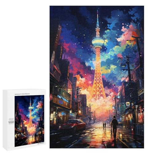 Puzzle 1000 Teile Bunte Psychedelia der Osaka Tower Straßenszene Puzzle für Erwachsene Holz Lernspiel Herausforderungsspielzeug 75 x 50 cm von QSYFNBZL