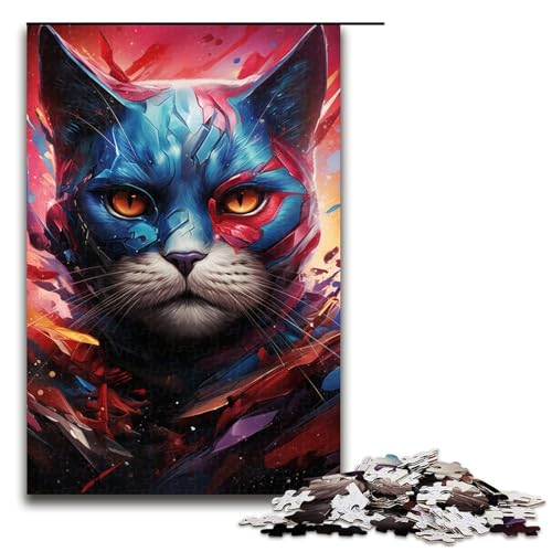 Puzzle 1000 Teile Bunte Psychedelia eines süßen Superheldenkätzchens Puzzle für Erwachsene Lernspiel aus Holz Herausforderungsspielzeug 75 x 50 cm von QSYFNBZL