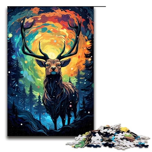 Puzzle 1000 Teile Die farbenfrohe Psychedelia der Sternennacht Hirsch Puzzle für Erwachsene aus Holz Lernspiel Herausforderungsspielzeug 75x50cm von QSYFNBZL
