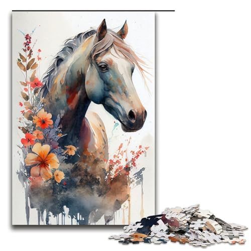 Puzzle 1000 Teile Pferd Blumenpuzzle für Erwachsene aus Holz Lernspiel Herausforderungsspielzeug 75x50cm von QSYFNBZL