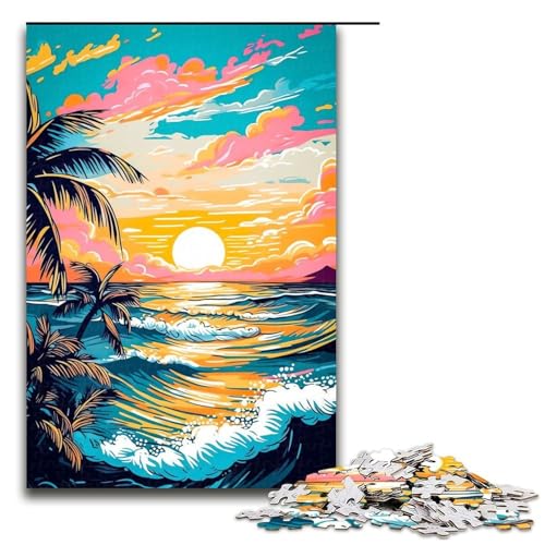 Puzzle 1000 Teile Retro Strand Sonnenuntergang Puzzle für Erwachsene Holz Lernspiel Herausforderung Spielzeug 75x50cm von QSYFNBZL