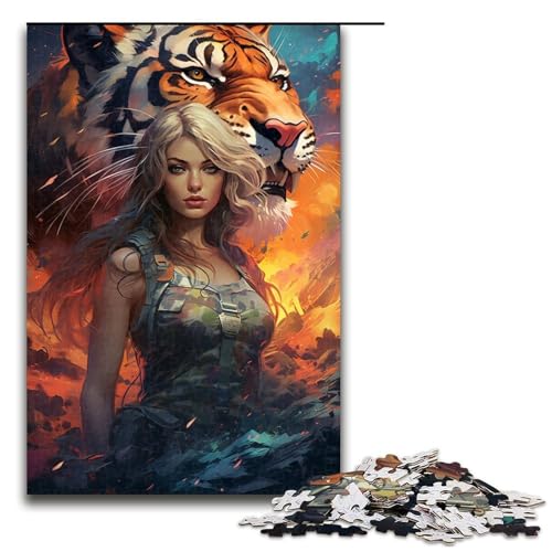 Puzzle 1000 Teile Tiger und Mädchen Puzzle für Erwachsene aus Holz Lernspiel Herausforderung Spielzeug 75x50cm von QSYFNBZL