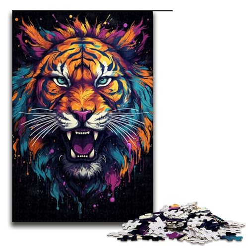Puzzle 1000 Teile Wütender bunter Tiger Puzzle für Erwachsene aus Holz Lernspiel Herausforderungsspielzeug 75x50cm von QSYFNBZL