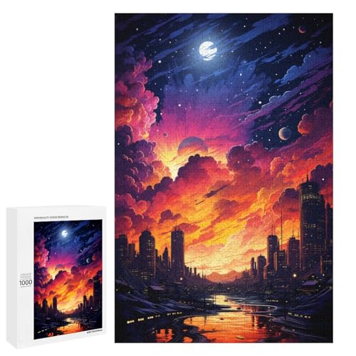 Puzzle 1000 Teile farbenfroh psychedelisch dunkle Nachtstadt Puzzle für Erwachsene aus Holz Lernspiel Herausforderungsspielzeug 75 x 50 cm von QSYFNBZL