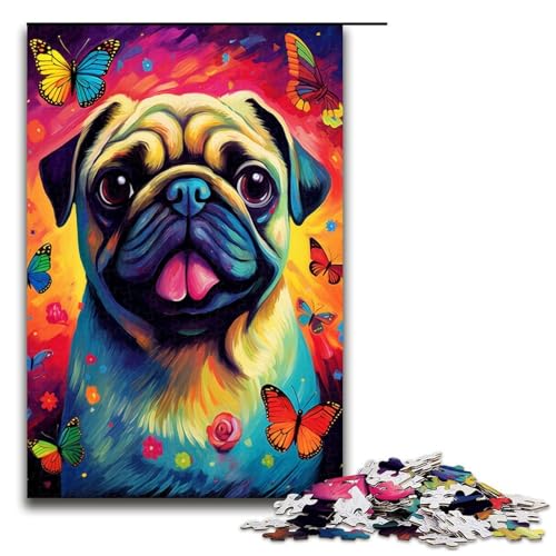 Puzzle 1000 Teile für Erwachsene Möpse und Schmetterlinge und Schmetterling und Schmetterling Wanddekoration einzigartige Geburtstags 75 x 50 cm von QSYFNBZL