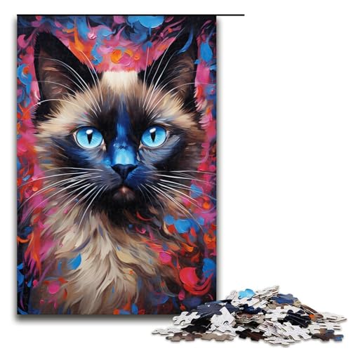 Puzzle 1000 Teile für Erwachsene farbenfrohe psychedelische Siamkatze Wanddekoration einzigartige Geburtstags 75 x 50 cm von QSYFNBZL