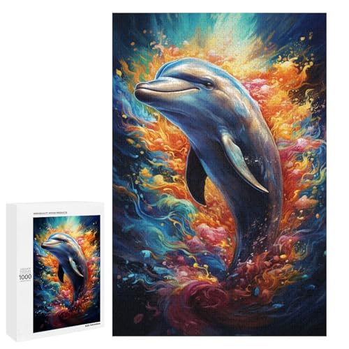 Puzzle für Erwachsene 1000 Teile Bunte psychedelische Delfine Puzzle für Kinder Holzpuzzle dekomprimierendes intellektuelles Lernspielzeug 75 x 50 cm von QSYFNBZL