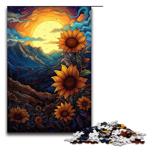 Puzzle für Erwachsene 1000 Teile Sonnenblumen zwischen Bergen und Mond Puzzlespiel Spielzeug lustig 75 x 50 cm von QSYFNBZL
