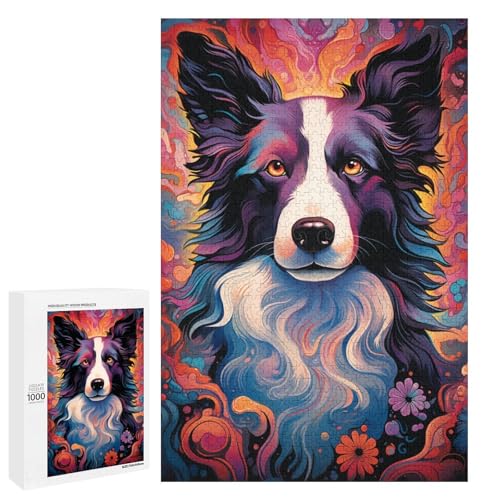 Puzzle für Erwachsene 1000 Teile buntes psychedelisches Border Collie Puzzle für Erwachsene Holzspiele für die ganze Familie Weihnachts und Geburtstagsgeschenke 75 x 50 cm von QSYFNBZL