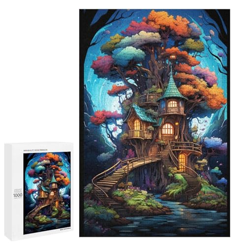 Puzzle für Erwachsene 1000 Teile farbenfroh psychedelisch Fantasie Natur Baumhaus Kunstwerk Geburtstagsgeschenk Wandkunst 75 x 50 cm von QSYFNBZL
