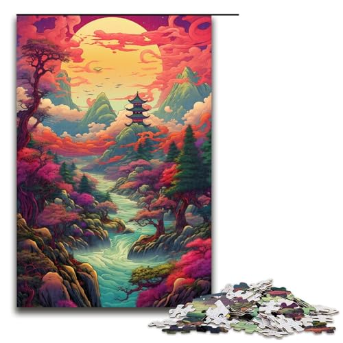 Puzzle für Erwachsene 1000 Teile farbenfrohe psychedelische Retro asiatische Landschaft Geburtstagsgeschenk für Teenager ab 14 Jahren 75 x 50 cm von QSYFNBZL