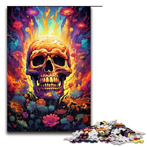 Puzzle für Erwachsene 1000 Teile farbenfroher Psychedelischer Blumenschädel auf Flammen Geburtstagsgeschenk für Teenager ab 14 Jahren 75 x 50 cm von QSYFNBZL