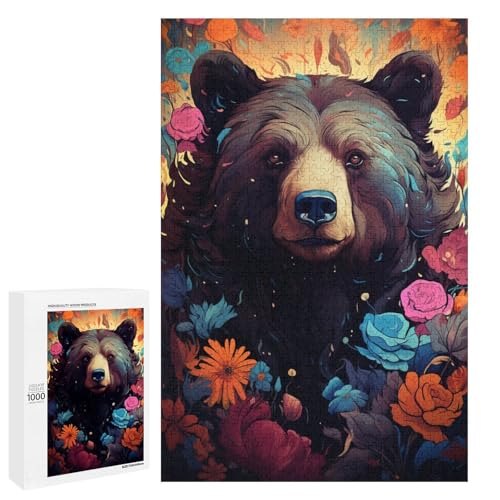 Puzzle für Erwachsene 1000 Teile farbenfroher Psychedelischer Schwarzbär unter Blumen Puzzle für Lernspiele Herausforderungsspielzeug einzigartige Heimdekoration und Geschenke 75 x 50 cm von QSYFNBZL