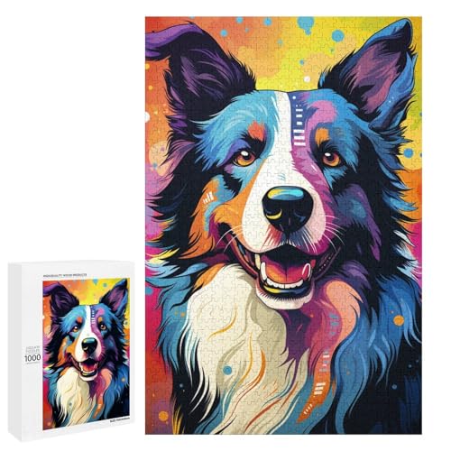 Puzzle für Erwachsene 1000 Teile farbenfrohes psychedelisches Border Collie Puzzle Lernspiele für Zuhause DIY Spielzeug tolles Geschenk für Spiele 75 x 50 cm von QSYFNBZL