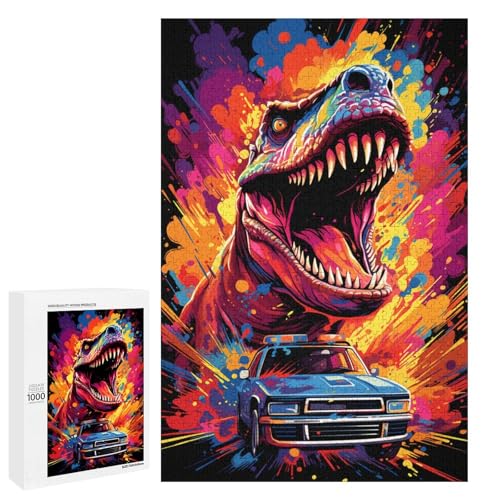 Puzzle für Erwachsene 1000 Teile farbenfrohes psychedelisches Dinosaurier Auto Puzzle Lernspiele für Zuhause DIY Spielzeug tolles Geschenk für Spiele 75 x 50 cm von QSYFNBZL