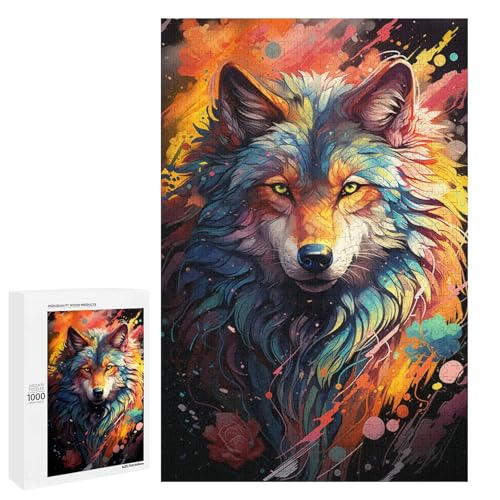 Puzzle für Erwachsene 1000 Teile farbenfrohes psychedelisches Fantasy Wolf Puzzle Spiele Spielzeug Geschenk geeignet als Schreibtischdekoration 75 x 50 cm von QSYFNBZL