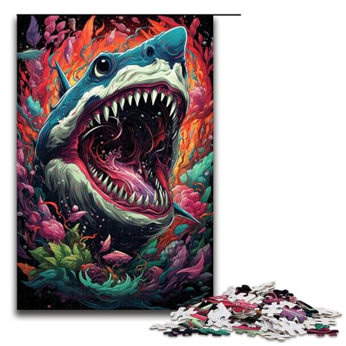 Puzzle für Erwachsene 1000 Teile farbenfrohes psychedelisches Hai Kunst Puzzle Geburtstagsgeschenk für Teenager ab 14 Jahren 75 x 50 cm von QSYFNBZL