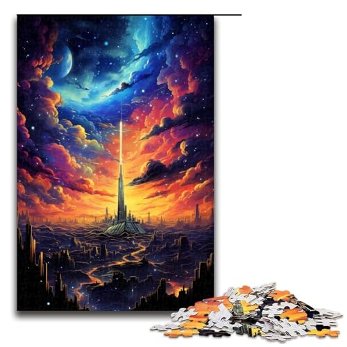 Puzzle für Erwachsene 1000 Teile farbenfrohes psychedelisches Himmelsstadt Puzzle für Lernspiele Herausforderungsspielzeug einzigartige Heimdekoration und Geschenke 75 x 50 cm von QSYFNBZL