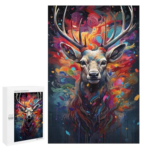 Puzzle für Erwachsene 1000 Teile farbenfrohes psychedelisches Hirsch Tierspielzeug intellektuelles Spiel ganze Familie 75 x 50 cm von QSYFNBZL