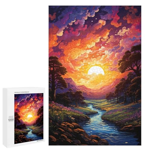 Puzzle für Erwachsene 1000 Teile farbenfrohes psychedelisches Landschafts Sonnenuntergangsspielzeug intellektuelles Spiel ganze Familie 75 x 50 cm von QSYFNBZL
