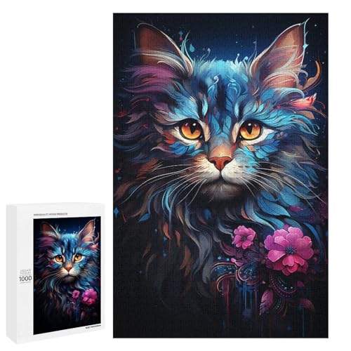 Puzzle für Erwachsene 1000 Teile farbenfrohes psychedelisches Märchen blaues Katzenspielzeug intellektuelles Spiel ganze Familie 75 x 50 cm von QSYFNBZL