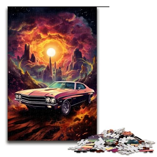 Puzzle für Erwachsene 1000 Teile farbenfrohes psychedelisches Neonauto mit Mond lustiges Familienpuzzle tolles Geschenk für Teenager ab 14 Jahren 75 x 50 cm von QSYFNBZL