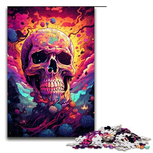 Puzzle für Erwachsene 1000 Teile farbenfrohes psychedelisches Totenkopf Puzzle für Kinder Holzpuzzle dekomprimierendes intellektuelles Lernspielzeug 75 x 50 cm von QSYFNBZL