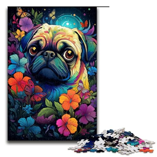 Puzzle für Erwachsene farbenfrohes psychedelisches Gemälde eines Mopses 1000 Teile tolles Geschenk geeignet für Teenager ab 14 Jahren 75 x 50 cm von QSYFNBZL