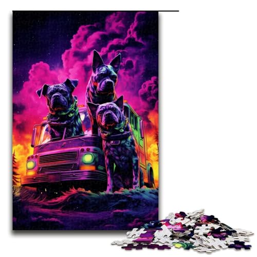 Puzzle für Erwachsene mit 1000 Teilen Hund neben Feuerwehrauto Wanddekoration Stressabbau 75 x 50 cm von QSYFNBZL