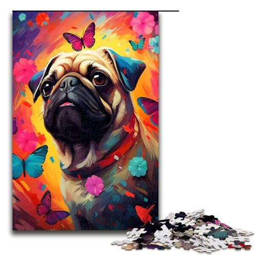 Puzzle für Erwachsene mit 1000 Teilen Motiv Möpse und Schmetterlinge Schmetterlings und Schmetterlingspuzzle Wanddekoration Stressabbau 75 x 50 cm von QSYFNBZL