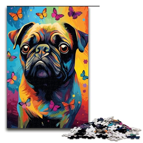Puzzle für Erwachsene mit 1000 Teilen Motiv Möpse und Schmetterlinge Schmetterlings und Schmetterlingspuzzle Wanddekoration Stressabbau 75 x 50 cm von QSYFNBZL